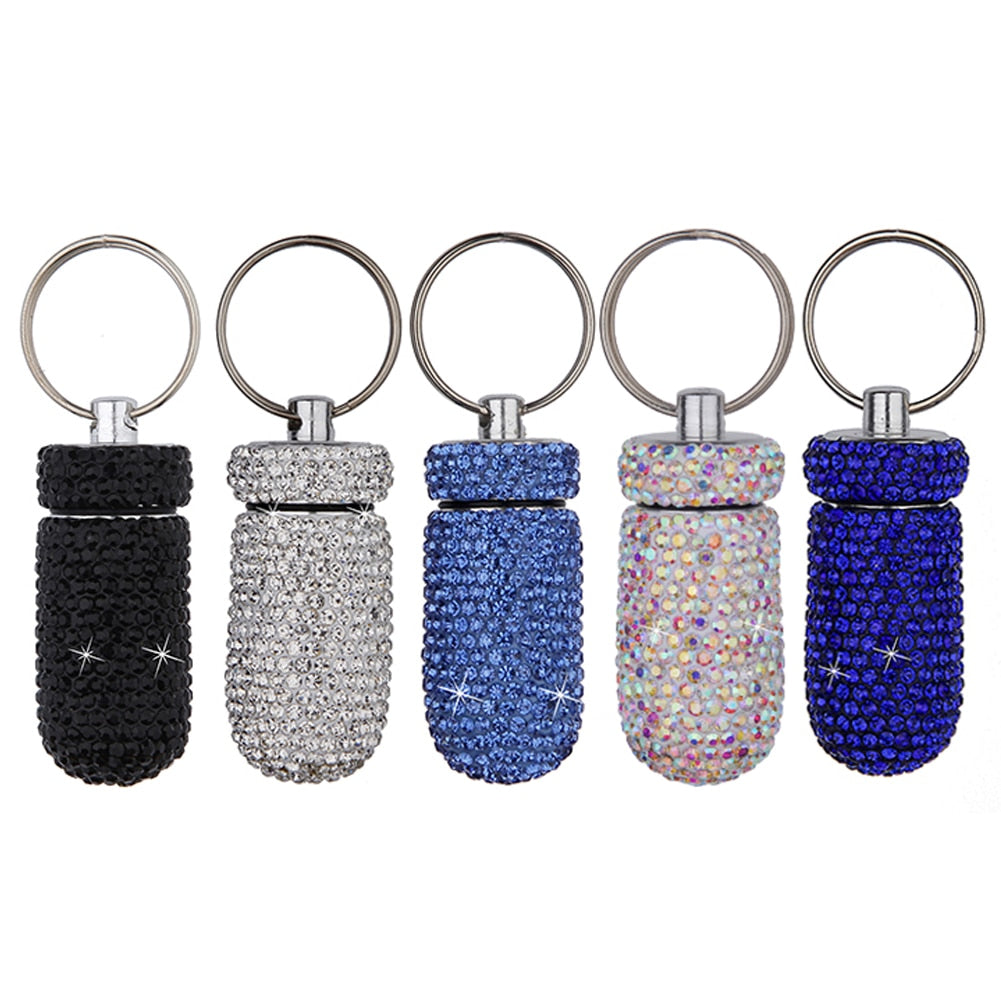 2Pc Rhinestone Medicine Pill Case Box Keychain