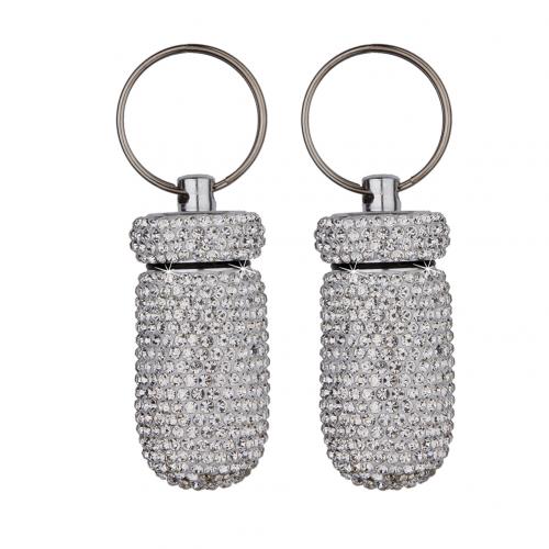 2Pc Rhinestone Medicine Pill Case Box Keychain