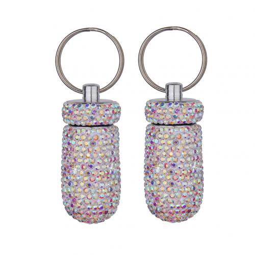 2Pc Rhinestone Medicine Pill Case Box Keychain