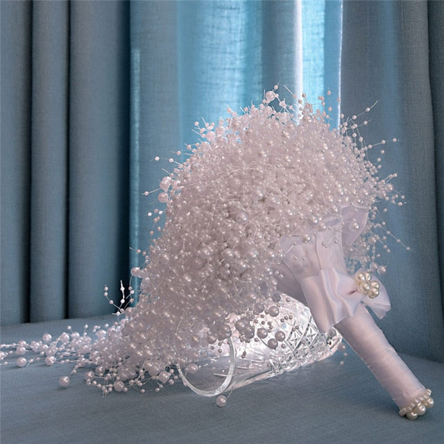 Pearls Ivory White Wedding Waterfall Bouquet