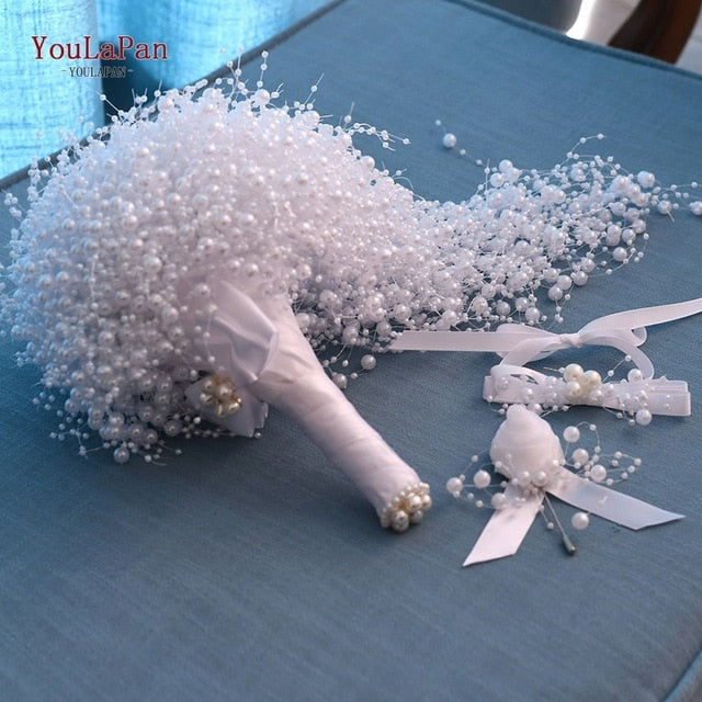 Pearls Ivory White Wedding Waterfall Bouquet