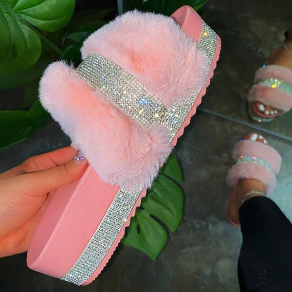 Luxury Women Fur Platform Rhinestone Slippers