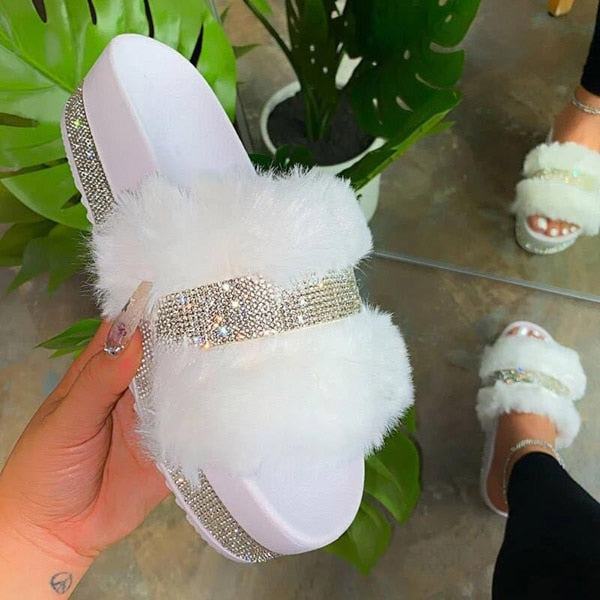 Luxury Women Fur Platform Rhinestone Slippers