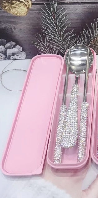 Rhinestones Chopsticks Spoon Silverware Set