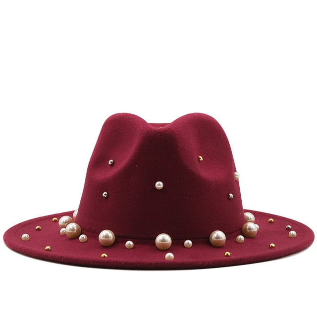 Wool Fedora Hat With Big Pearls