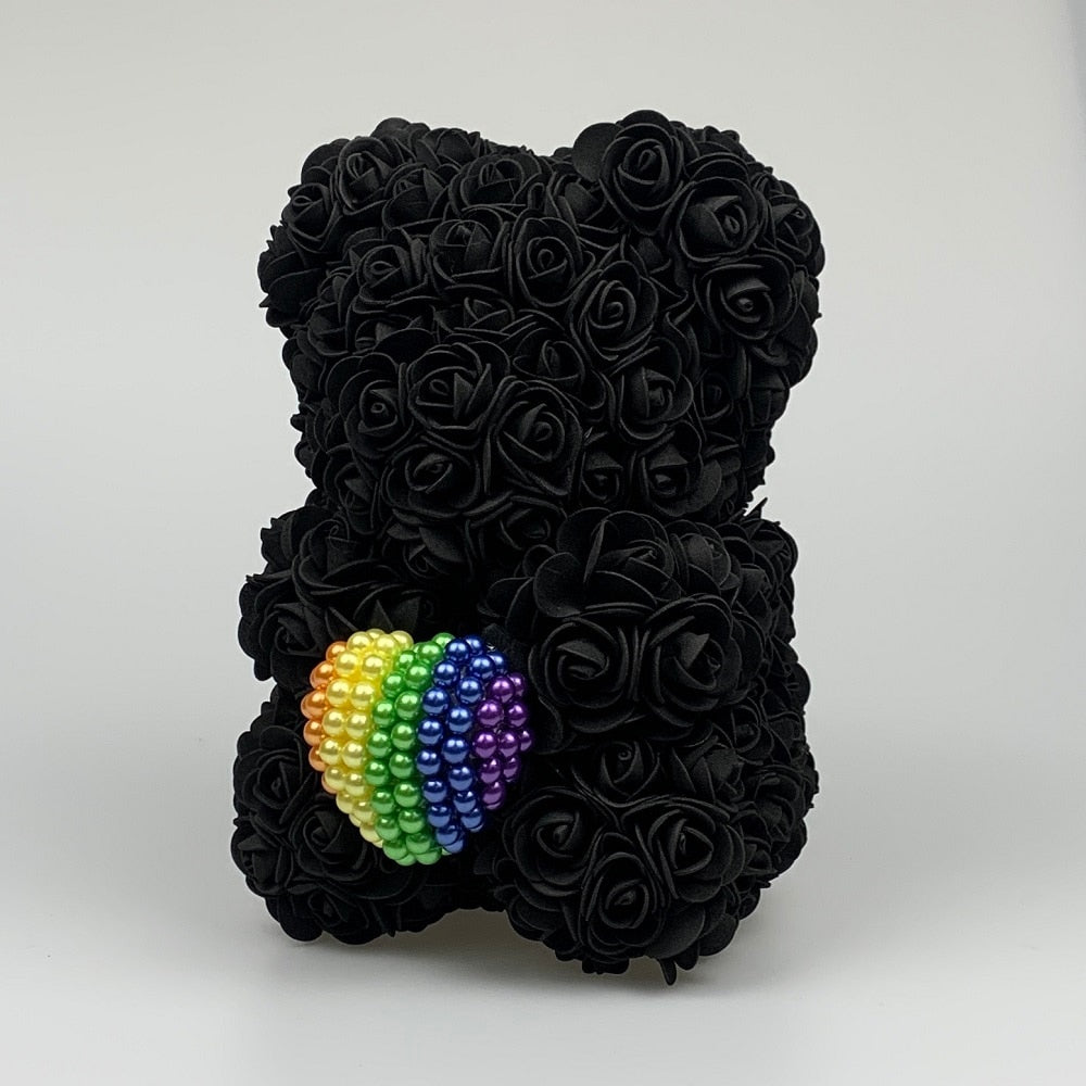 Black 25cm Rose Bear with Rainbow Pearl Heart