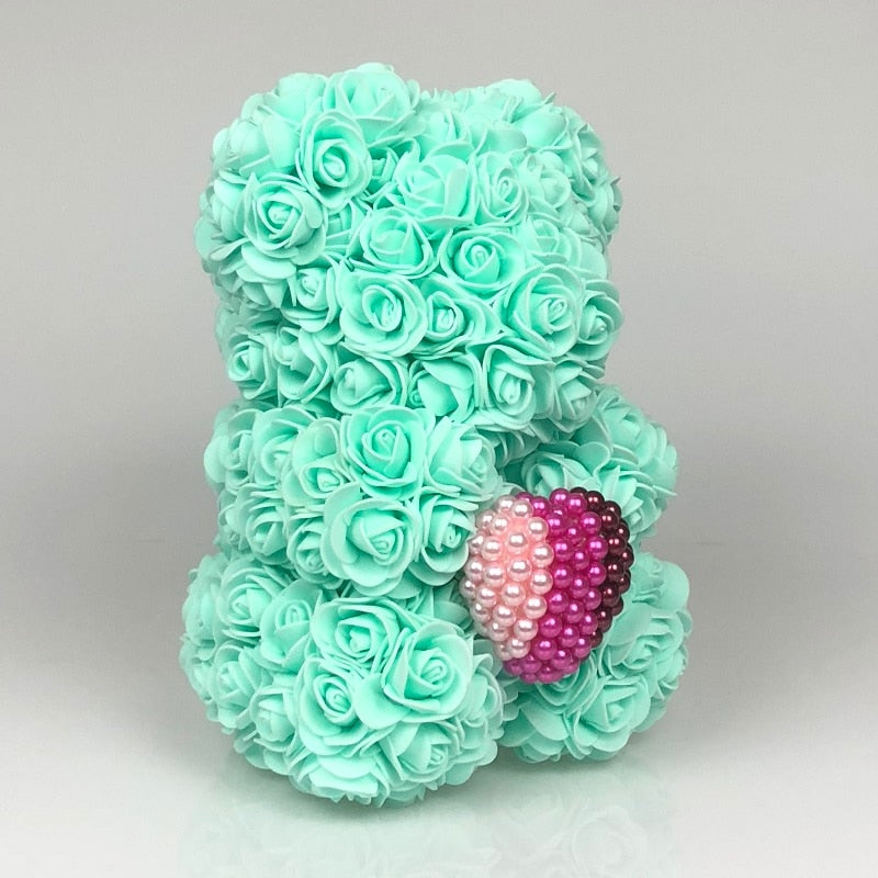 Black 25cm Rose Bear with Rainbow Pearl Heart