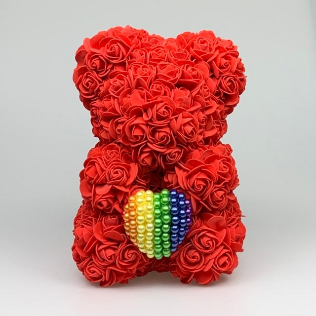 Black 25cm Rose Bear with Rainbow Pearl Heart