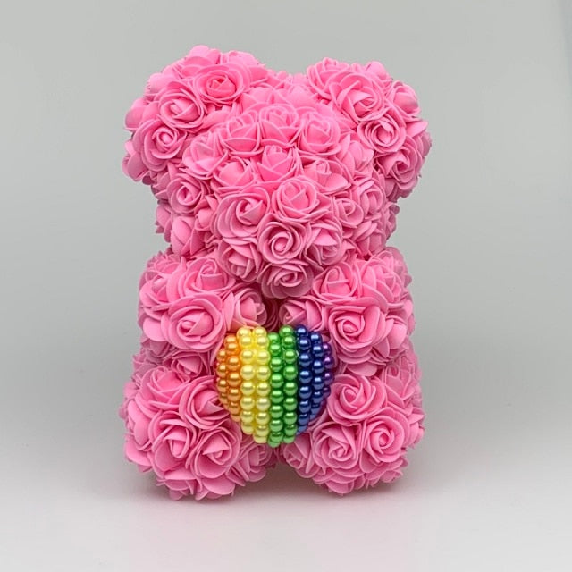 Black 25cm Rose Bear with Rainbow Pearl Heart