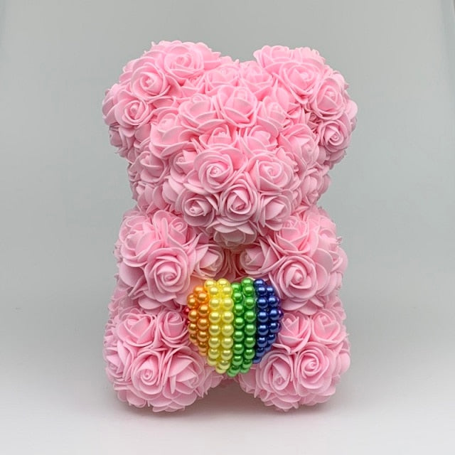 Black 25cm Rose Bear with Rainbow Pearl Heart