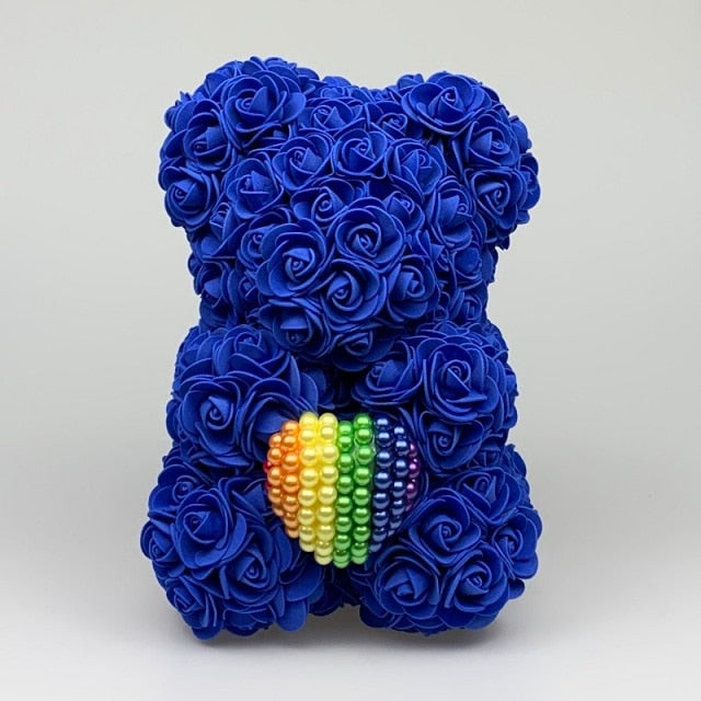 Black 25cm Rose Bear with Rainbow Pearl Heart