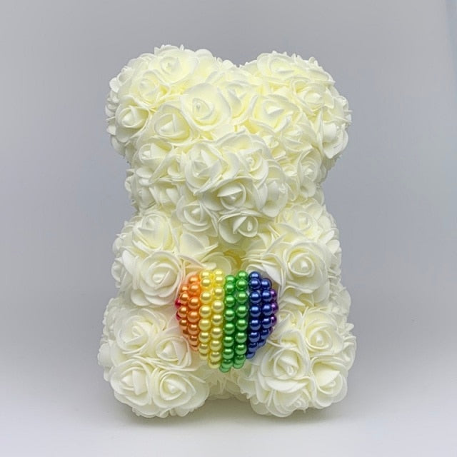 Black 25cm Rose Bear with Rainbow Pearl Heart
