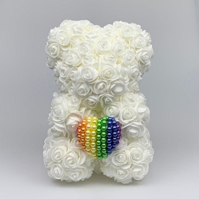Black 25cm Rose Bear with Rainbow Pearl Heart