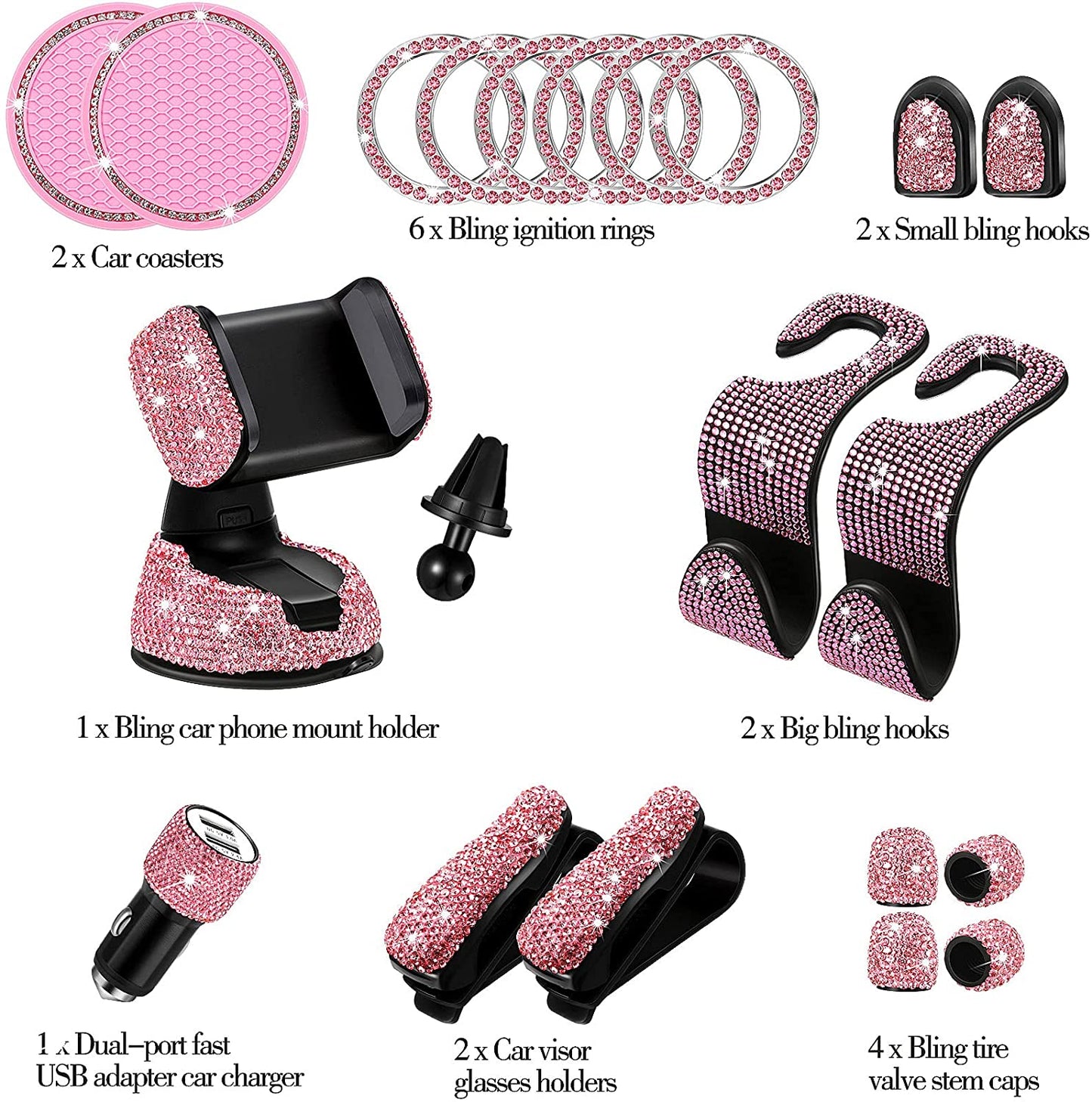20pc Set Pink Bling Car Accessories