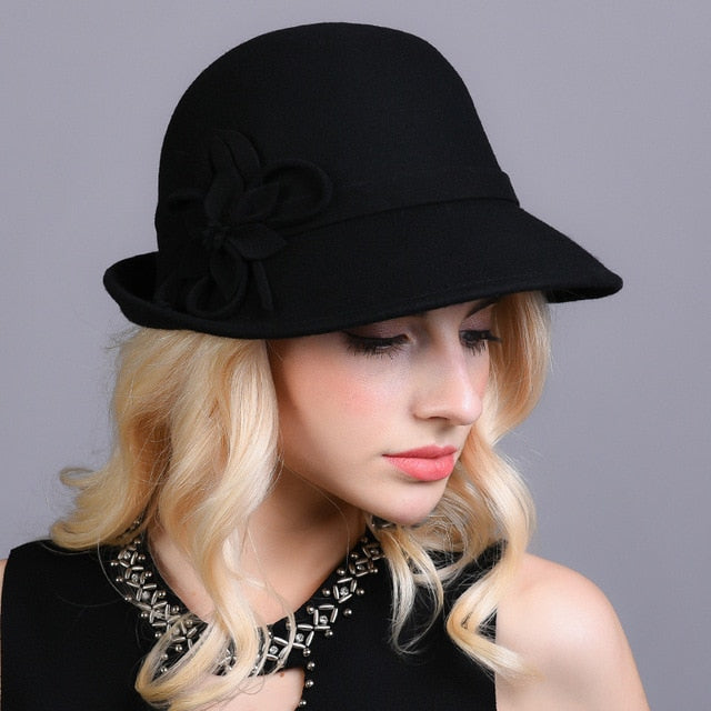Fall Winter Party Formal Hat Flower Fashion Elegant 100% Wool Felt Fedora