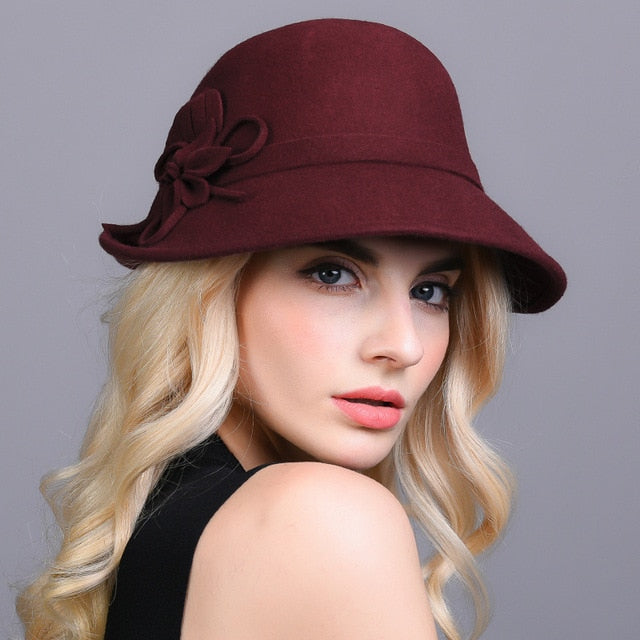 Fall Winter Party Formal Hat Flower Fashion Elegant 100% Wool Felt Fedora