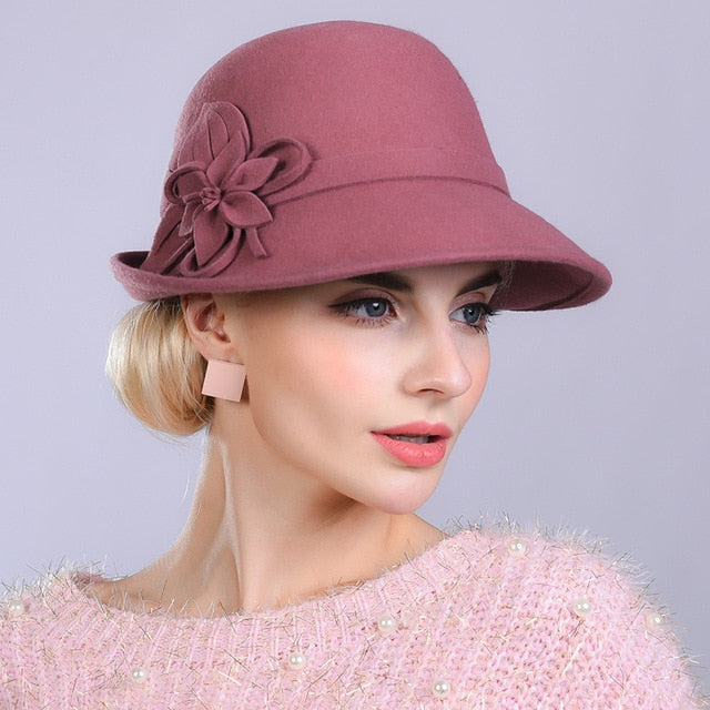 Fall Winter Party Formal Hat Flower Fashion Elegant 100% Wool Felt Fedora