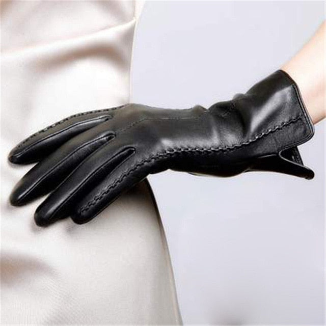 Elegant Womens Genuine Lambskin Leather Gloves Plus Velvet Thermal Blue Brown Purple