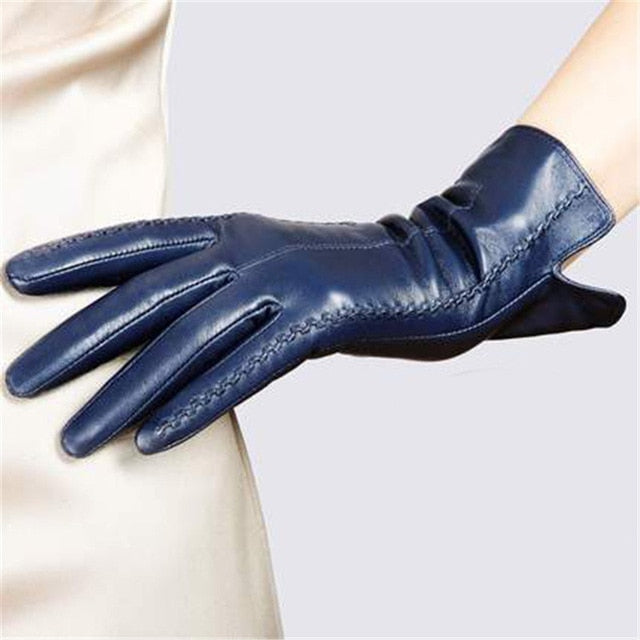Elegant Womens Genuine Lambskin Leather Gloves Plus Velvet Thermal Blue Brown Purple