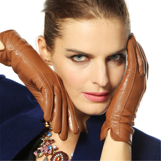 Elegant Womens Genuine Lambskin Leather Gloves Plus Velvet Thermal Blue Brown Purple
