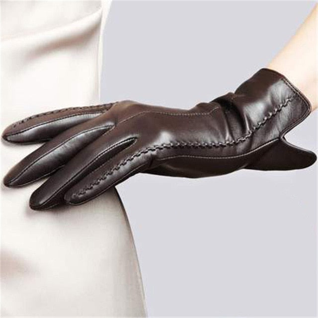 Elegant Womens Genuine Lambskin Leather Gloves Plus Velvet Thermal Blue Brown Purple