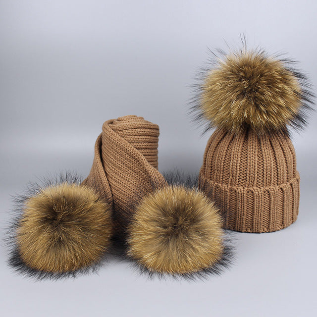 Childrens Pom Pom Beanie Fur Hat Scarf Set Winter Skullies