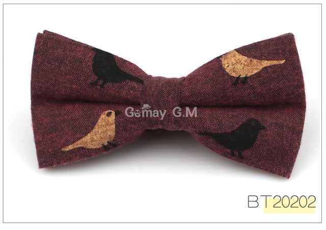 Fashion Suits Cotton Bowtie For Men Casual Bird Print Slim Neckwear