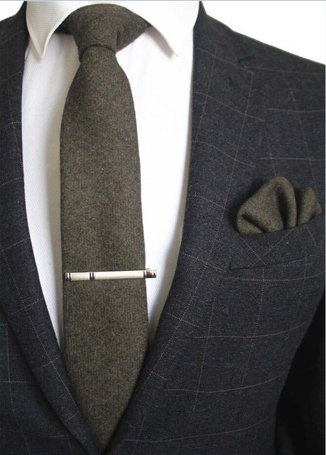 8 CM Men Wool Necktie With Handkerchief Clip Plaid Solid Styles