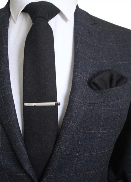 8 CM Men Wool Necktie With Handkerchief Clip Plaid Solid Styles