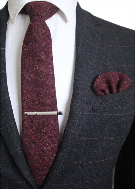 8 CM Men Wool Necktie With Handkerchief Clip Plaid Solid Styles