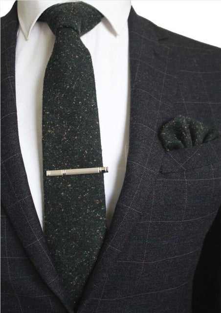 8 CM Men Wool Necktie With Handkerchief Clip Plaid Solid Styles