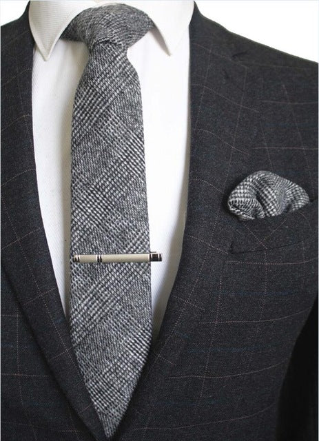 8 CM Men Wool Necktie With Handkerchief Clip Plaid Solid Styles