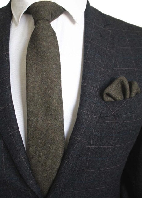 8 CM Men Wool Necktie With Handkerchief Clip Plaid Solid Styles