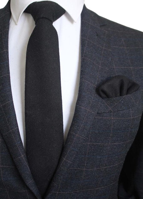 8 CM Men Wool Necktie With Handkerchief Clip Plaid Solid Styles