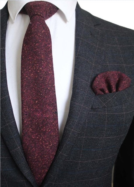 8 CM Men Wool Necktie With Handkerchief Clip Plaid Solid Styles
