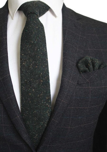 8 CM Men Wool Necktie With Handkerchief Clip Plaid Solid Styles