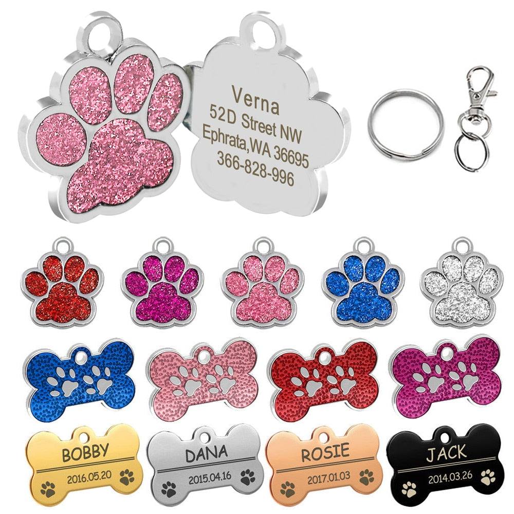 Personalized Tags Pet ID Name Collar Bone Paw Glitter