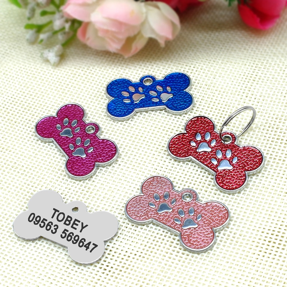 Personalized Tags Pet ID Name Collar Bone Paw Glitter