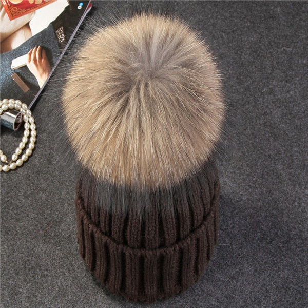 Womens Mink Fox Fur Ball Winter Hat