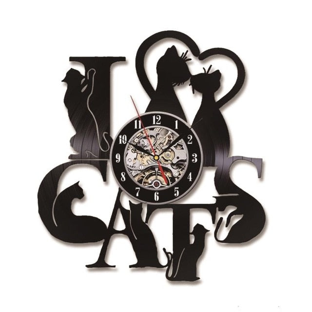 I Love Cats Record Wall Clock Vintage LED Decor