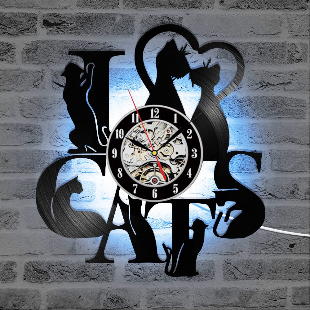 I Love Cats Record Wall Clock Vintage LED Decor