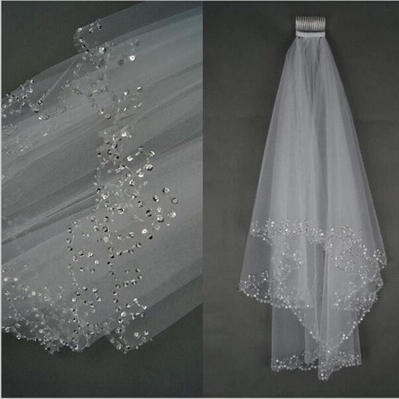 Bridal Wedding Veil 2 Layers 75cm Beaded Edge W/ Comb