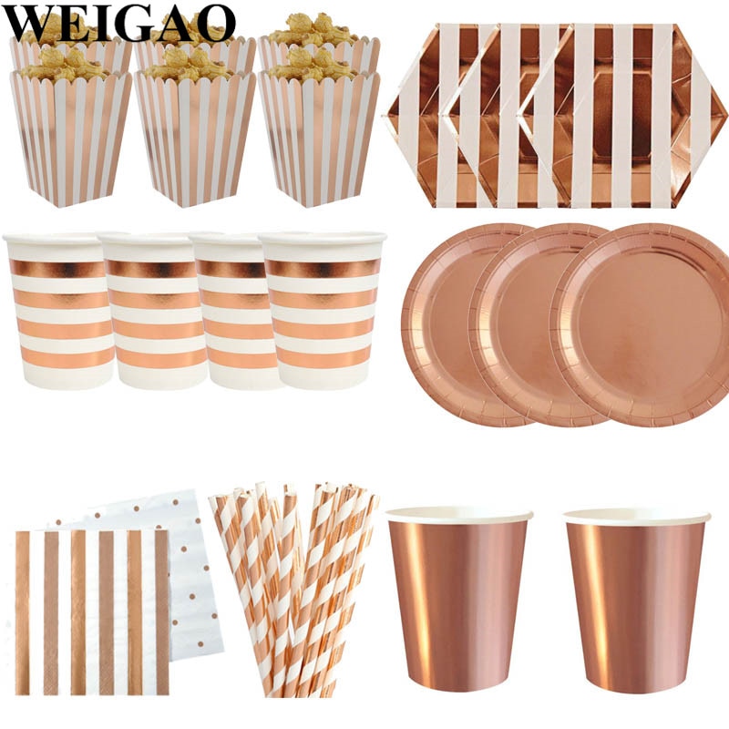 Rose Gold Disposable Tableware Cup Plate Straws Birthday Party Balloons