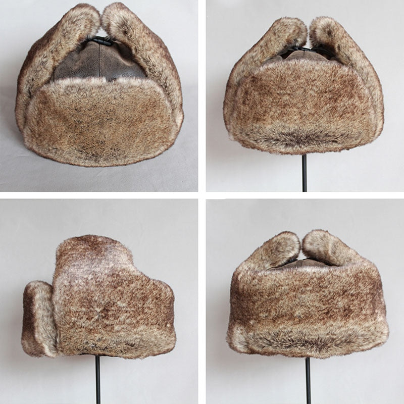 Winter Russian Trapper Hat Aviator Cap W/ Trooper Fur Earflaps