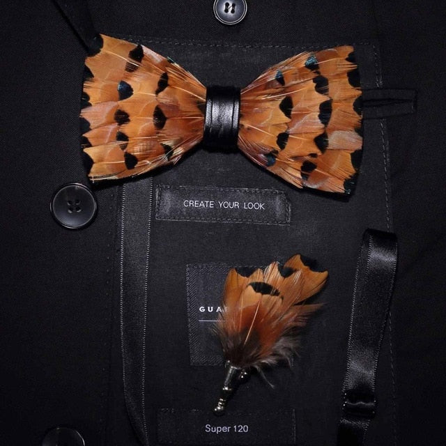 Natural Bird Feather Bowtie Gift Set