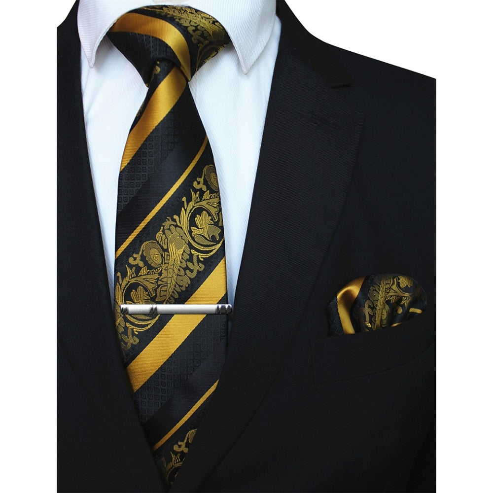 Mens Floral Tie Handkerchief Yellow Striped Necktie Pocket Square Clip Wedding Accessories