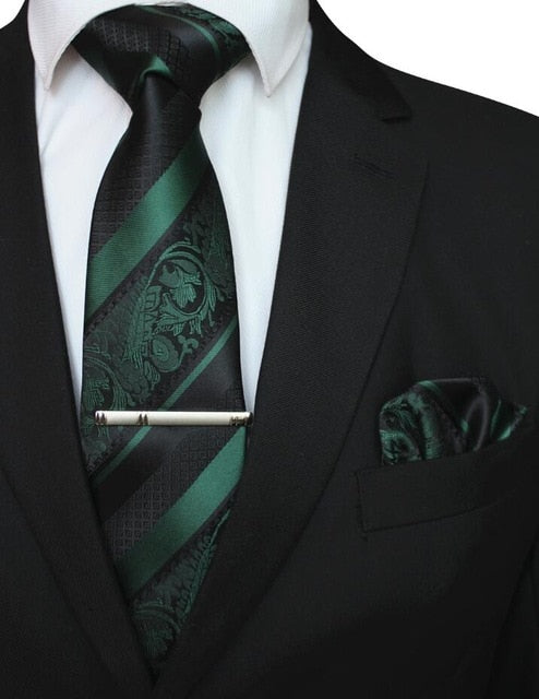 Mens Floral Tie Handkerchief Yellow Striped Necktie Pocket Square Clip Wedding Accessories