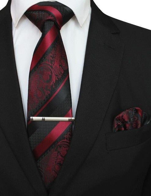 Mens Floral Tie Handkerchief Yellow Striped Necktie Pocket Square Clip Wedding Accessories