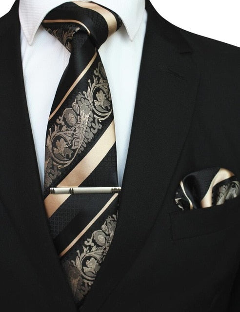 Mens Floral Tie Handkerchief Yellow Striped Necktie Pocket Square Clip Wedding Accessories