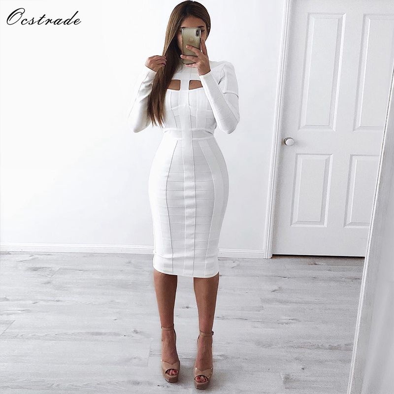 Womens White Dress High Neck Long Sleeve Party Rayon Bandage Midi Dress